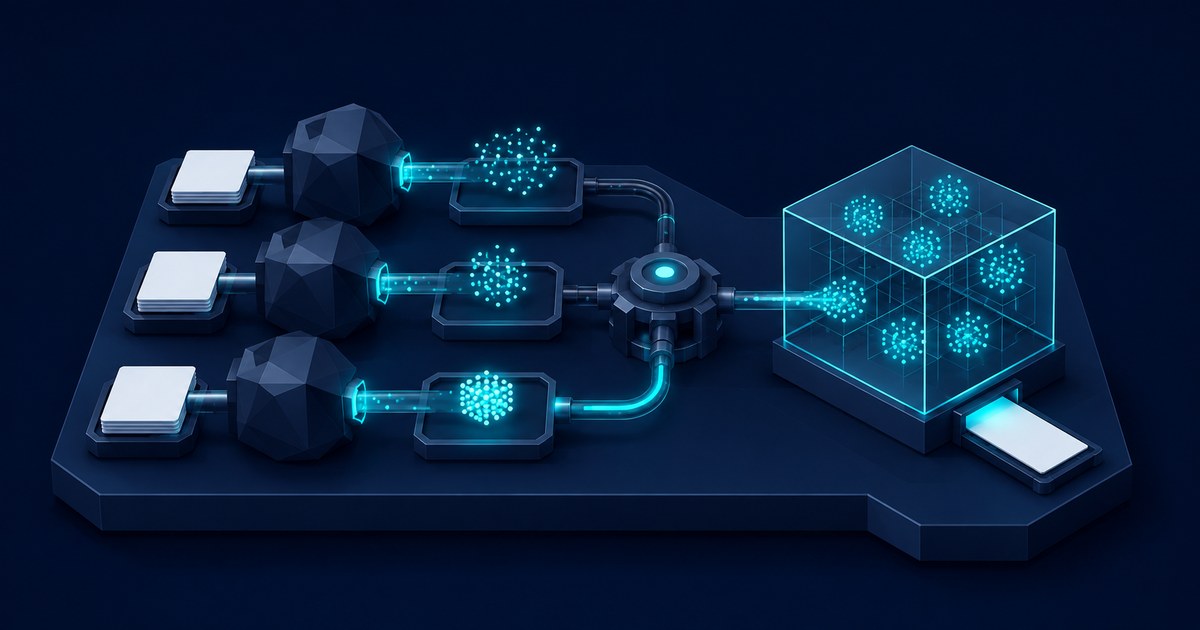 Three data streams pass through embedding processors into a glowing vector cube in a dark blue 3D RAG pipeline.