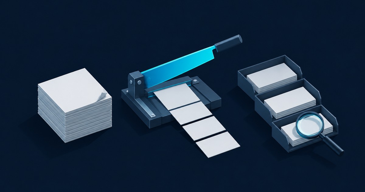 A stack of paper, a guillotine cutter with a glowing blue blade slicing sheets into chunks, and stacked trays with a magnifying glass on a dark navy background.