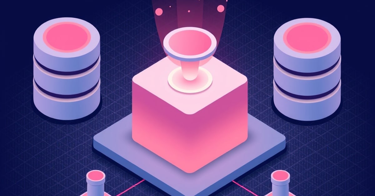 Flat isometric illustration of a pink cube on a lilac plinth with a glowing funnel pouring into it, flanked by two stacks of lavender database discs.