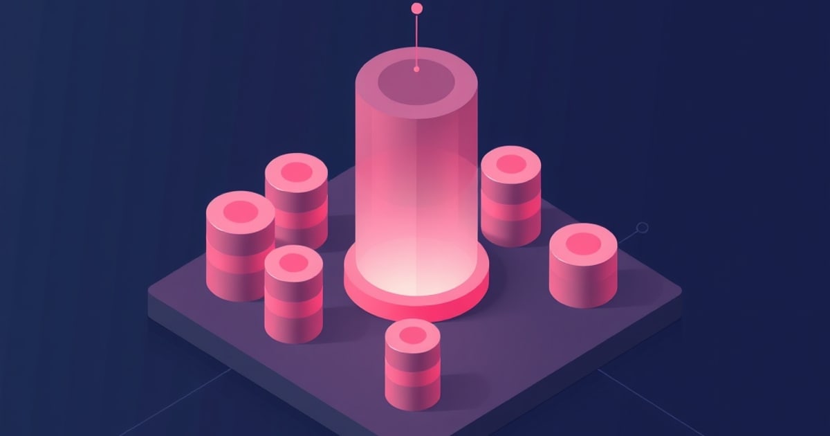 Isometric illustration of a tall glowing pink cylinder on a dark plinth ringed by six shorter banded cylinders, suggesting a document split into chunks