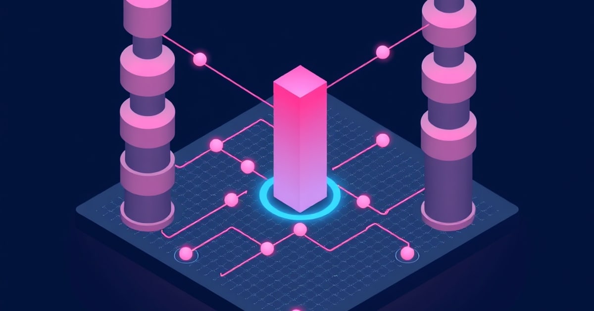 Flat isometric illustration of a tall pink pillar in a blue glowing ring on a circuit pad, flanked by two columns of stacked pink discs and node paths.