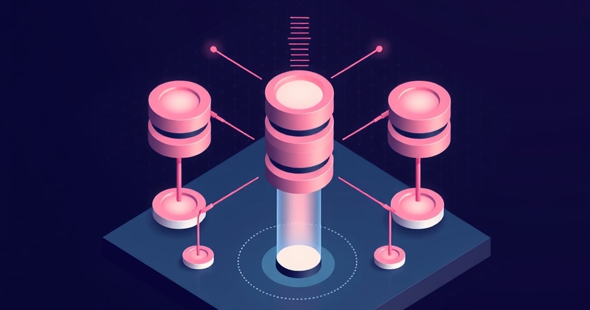 Isometric pink database stacks on a dark navy platform, joined by thin connector lines to a glowing central store, evoking RAG retrieval paths.