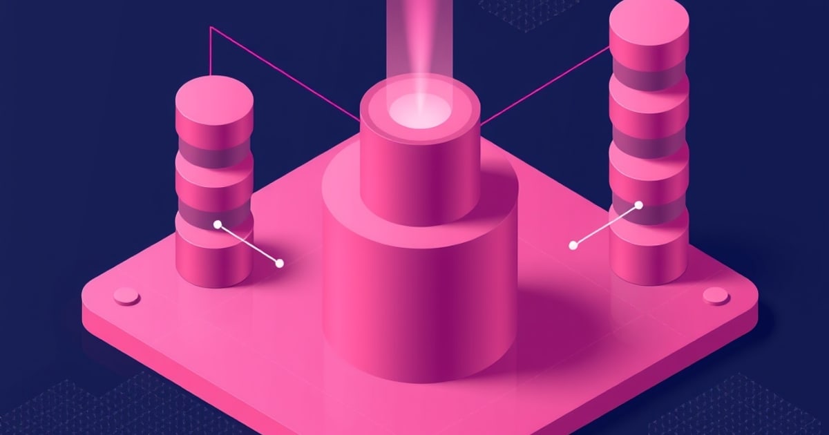 Flat isometric illustration of a hot pink platform holding a wide cylinder with a glowing beam, flanked by two stacks of pink discs with white probe pins.