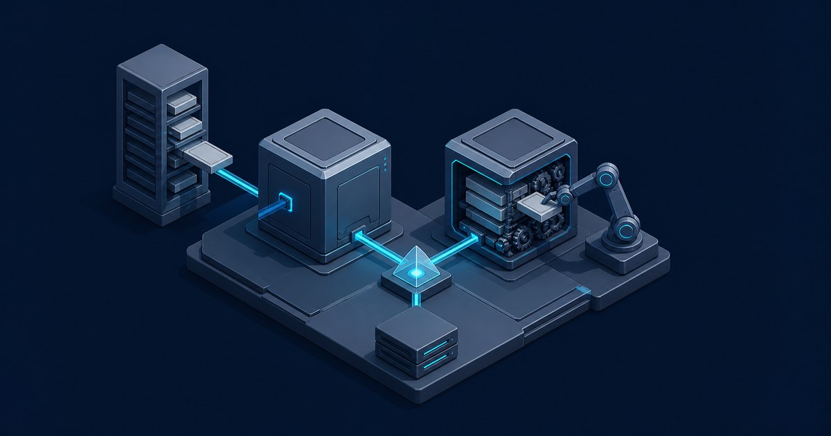 Isometric server racks and cube-shaped data modules linked by glowing blue conduits to a mechanical arm, forming a connected processing pipeline.